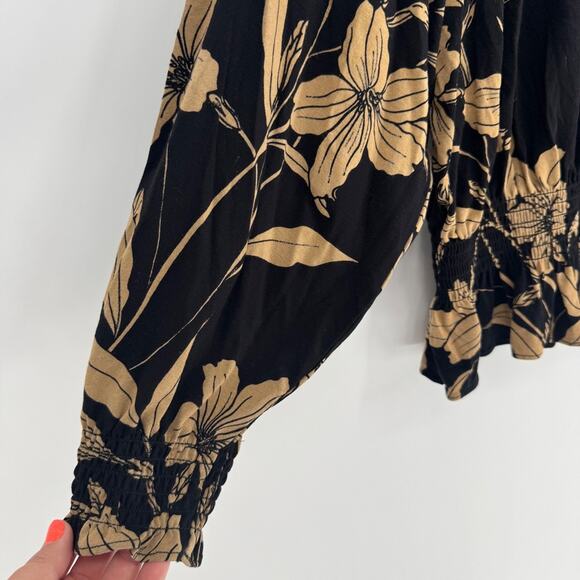 Lauren Ralph Lauren Black Tan Floral Off Shoulder Smocked Long Sleeve Blouse S - Picture 3 of 8